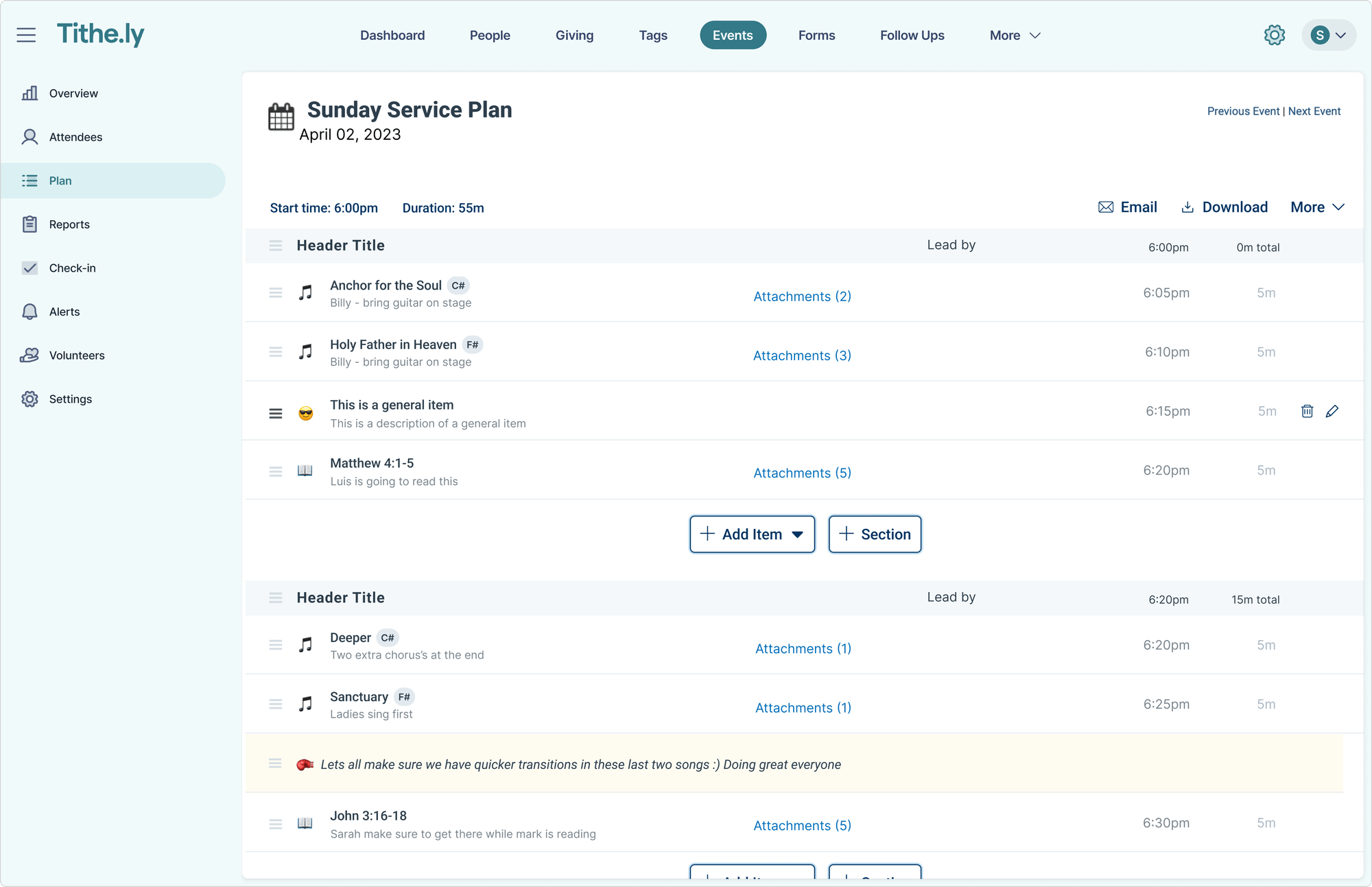 screenshot of Tithely Church Management